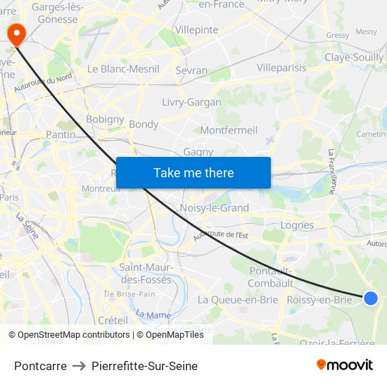 Pontcarre to Pierrefitte-Sur-Seine map