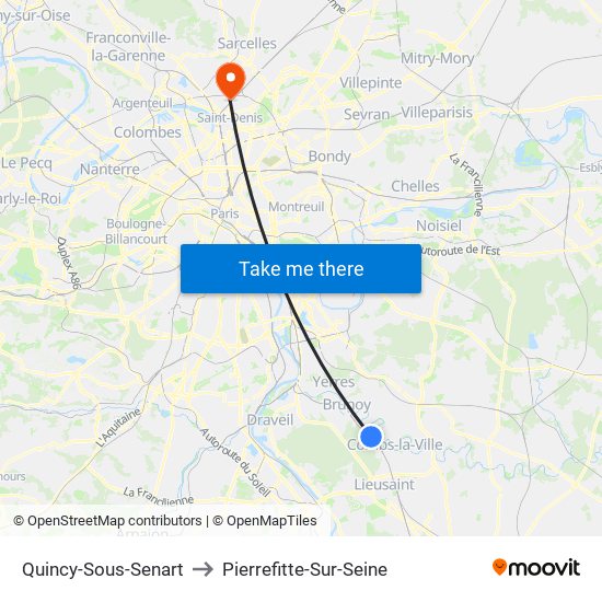 Quincy-Sous-Senart to Pierrefitte-Sur-Seine map