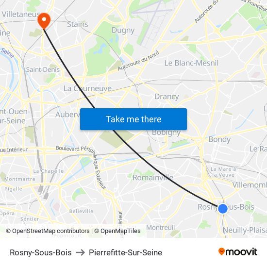 Rosny-Sous-Bois to Pierrefitte-Sur-Seine map