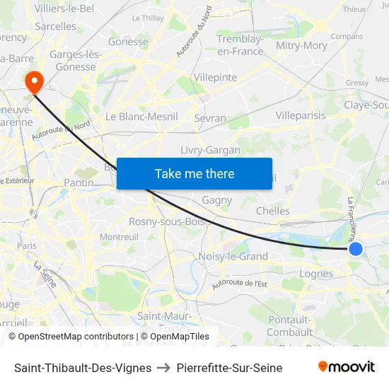 Saint-Thibault-Des-Vignes to Pierrefitte-Sur-Seine map
