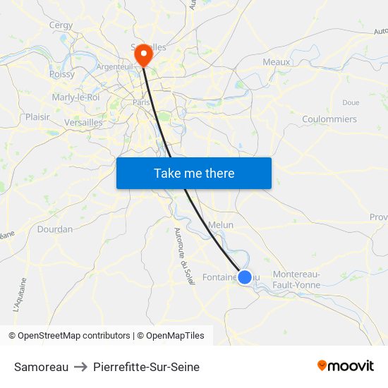 Samoreau to Pierrefitte-Sur-Seine map