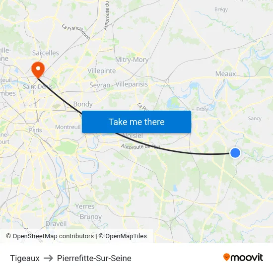 Tigeaux to Pierrefitte-Sur-Seine map