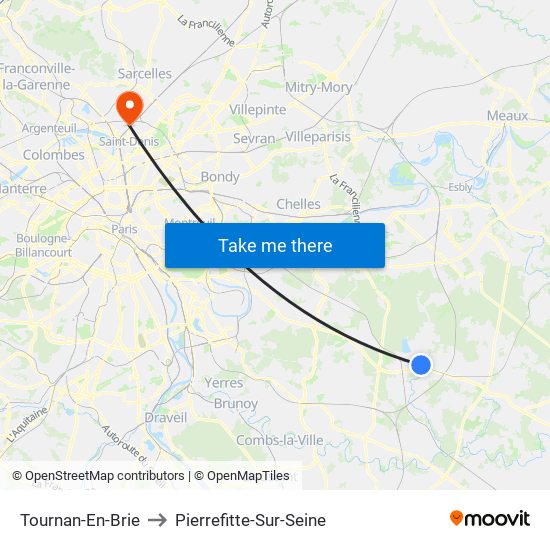Tournan-En-Brie to Pierrefitte-Sur-Seine map