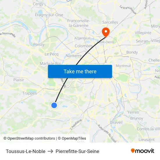Toussus-Le-Noble to Pierrefitte-Sur-Seine map
