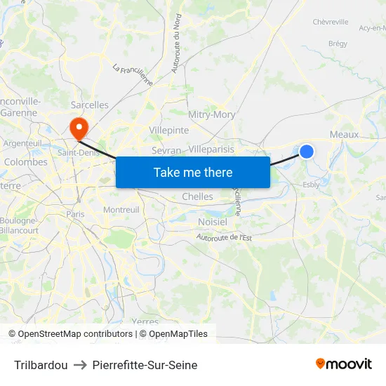 Trilbardou to Pierrefitte-Sur-Seine map