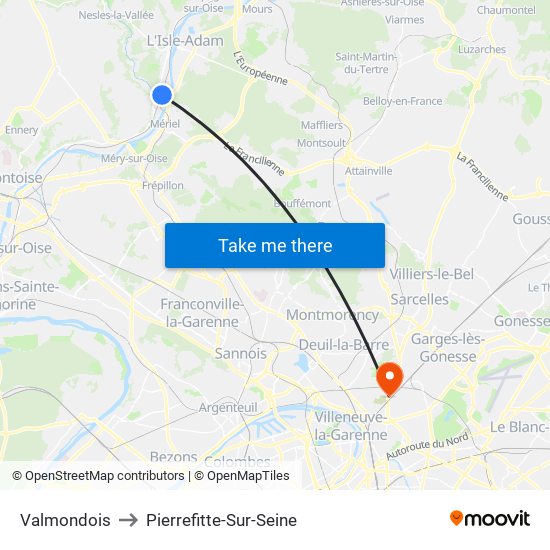 Valmondois to Pierrefitte-Sur-Seine map