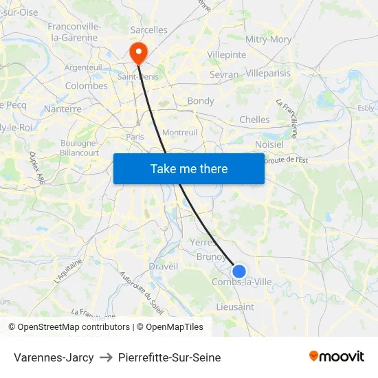 Varennes-Jarcy to Pierrefitte-Sur-Seine map
