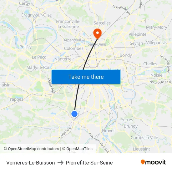 Verrieres-Le-Buisson to Pierrefitte-Sur-Seine map