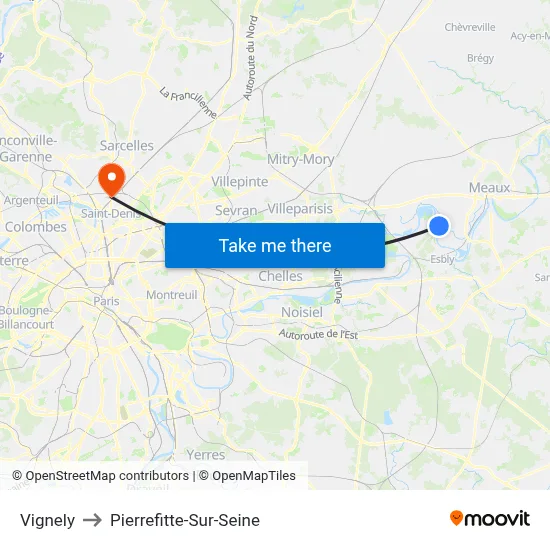 Vignely to Pierrefitte-Sur-Seine map