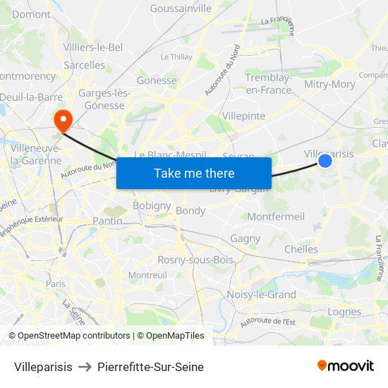 Villeparisis to Pierrefitte-Sur-Seine map