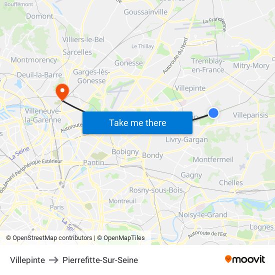 Villepinte to Pierrefitte-Sur-Seine map