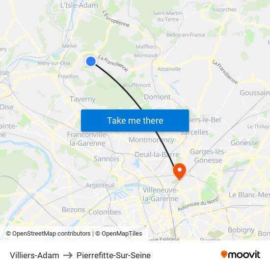 Villiers-Adam to Pierrefitte-Sur-Seine map