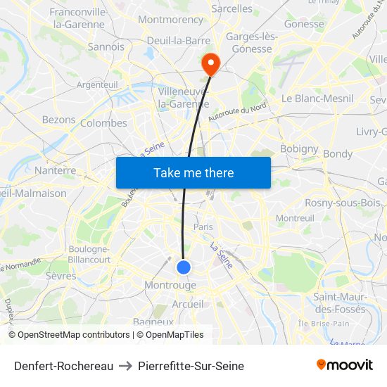 Denfert-Rochereau to Pierrefitte-Sur-Seine map