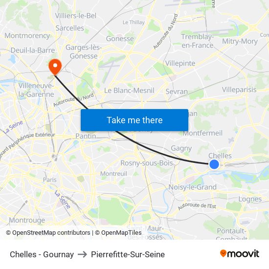 Chelles - Gournay to Pierrefitte-Sur-Seine map