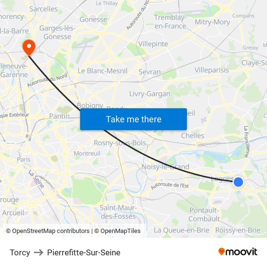 Torcy to Pierrefitte-Sur-Seine map