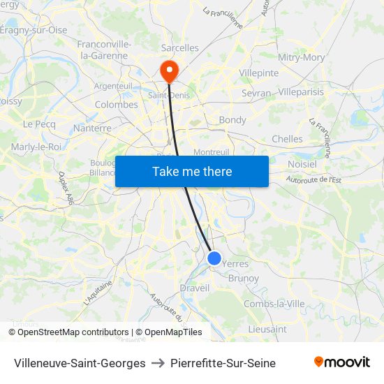Villeneuve-Saint-Georges to Pierrefitte-Sur-Seine map