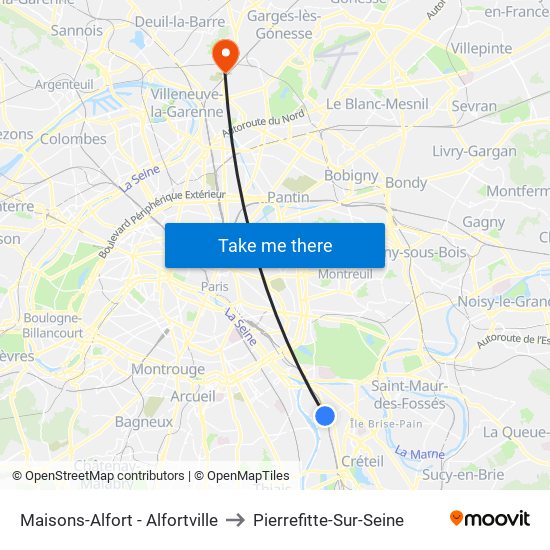 Maisons-Alfort - Alfortville to Pierrefitte-Sur-Seine map