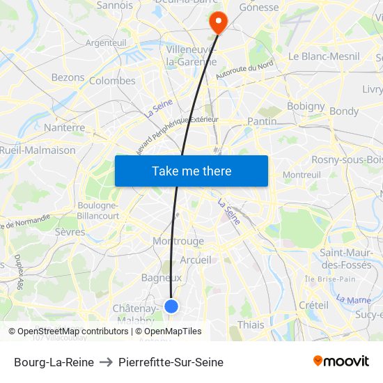 Bourg-La-Reine to Pierrefitte-Sur-Seine map