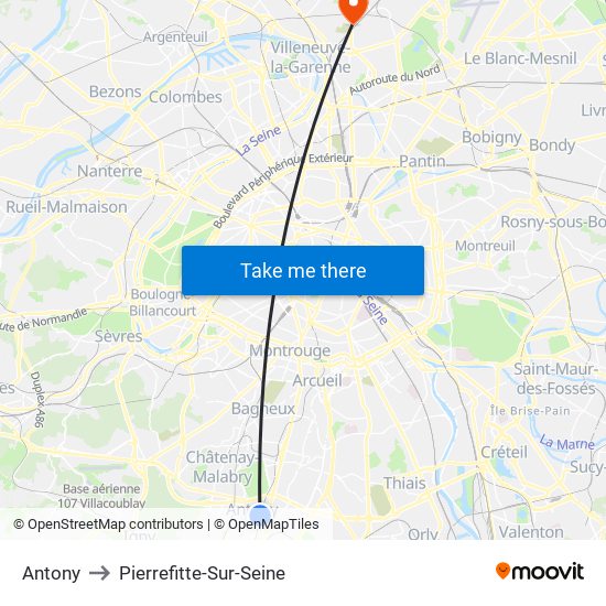 Antony to Pierrefitte-Sur-Seine map