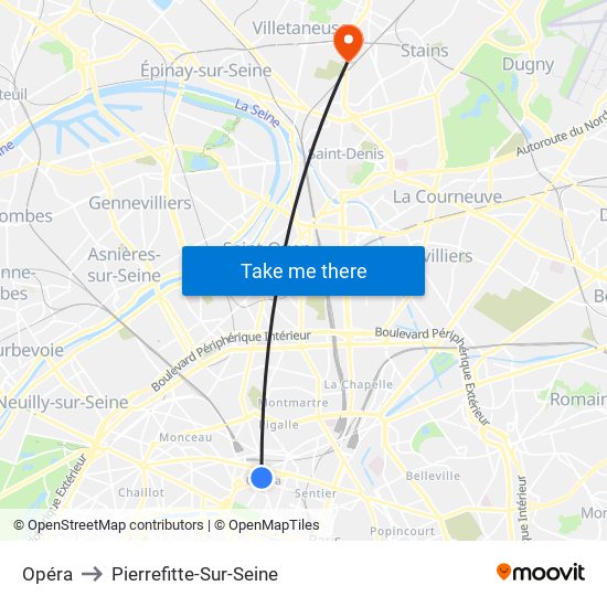 Opéra to Pierrefitte-Sur-Seine map