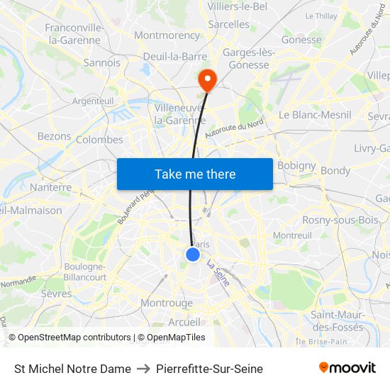 St Michel Notre Dame to Pierrefitte-Sur-Seine map