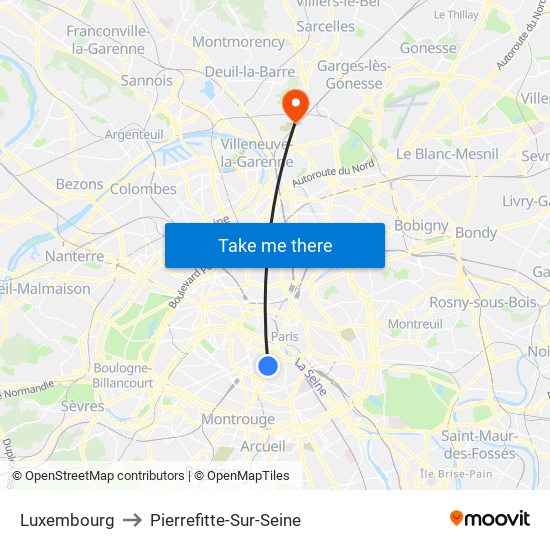 Luxembourg to Pierrefitte-Sur-Seine map