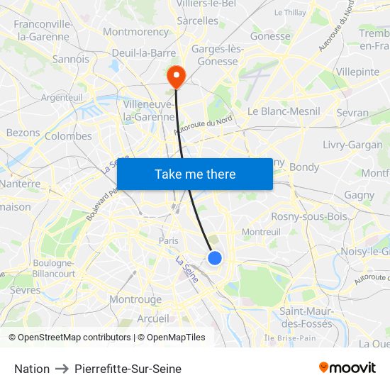 Nation to Pierrefitte-Sur-Seine map