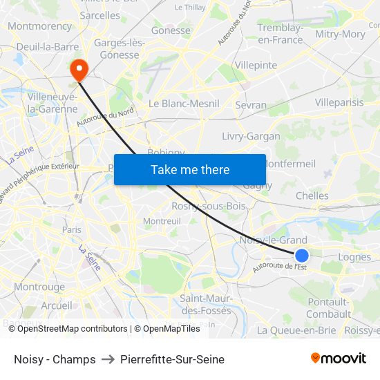Noisy - Champs to Pierrefitte-Sur-Seine map
