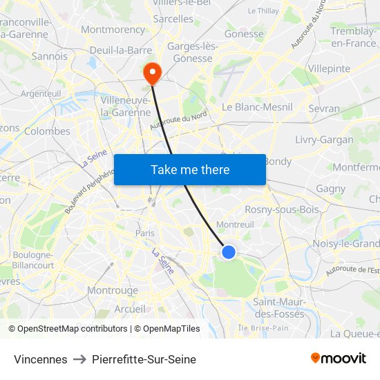 Vincennes to Pierrefitte-Sur-Seine map