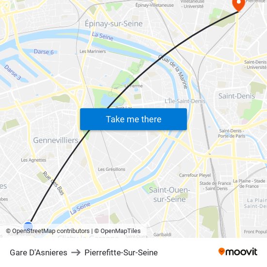 Gare D'Asnieres to Pierrefitte-Sur-Seine map