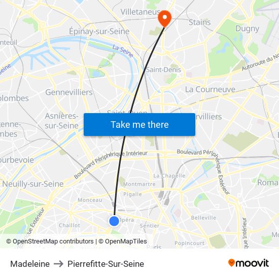 Madeleine to Pierrefitte-Sur-Seine map