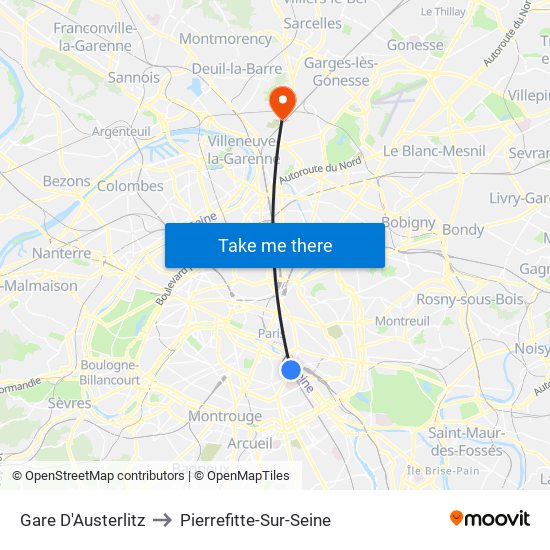 Gare D'Austerlitz to Pierrefitte-Sur-Seine map
