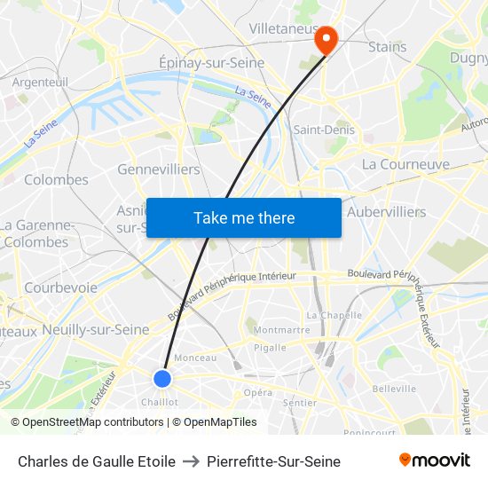 Charles de Gaulle Etoile to Pierrefitte-Sur-Seine map