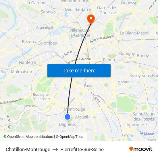 Châtillon-Montrouge to Pierrefitte-Sur-Seine map