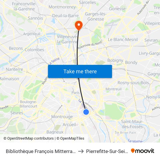 Bibliothèque François Mitterrand to Pierrefitte-Sur-Seine map