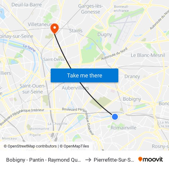 Bobigny - Pantin - Raymond Queneau to Pierrefitte-Sur-Seine map