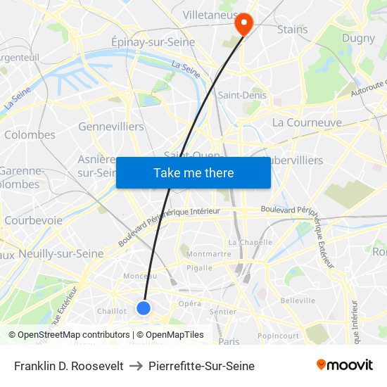 Franklin D. Roosevelt to Pierrefitte-Sur-Seine map