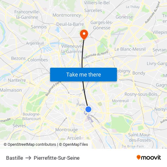 Bastille to Pierrefitte-Sur-Seine map