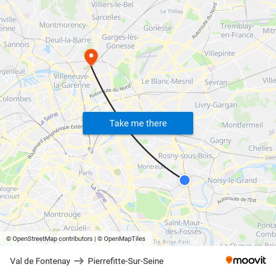 Val de Fontenay to Pierrefitte-Sur-Seine map