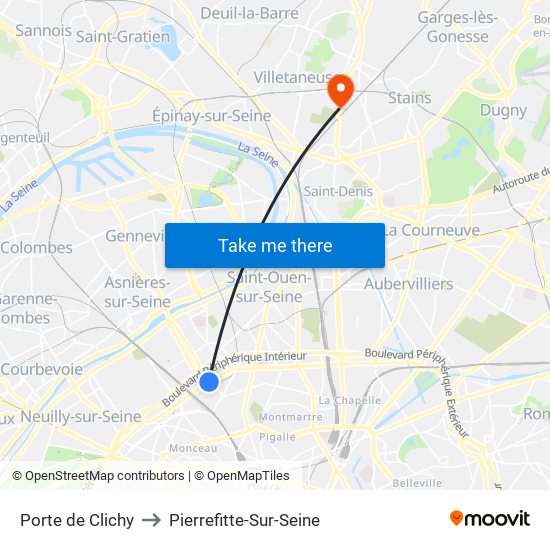 Porte de Clichy to Pierrefitte-Sur-Seine map