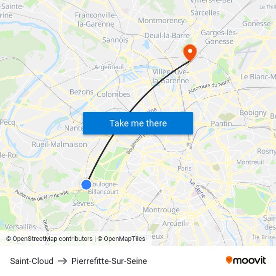 Saint-Cloud to Pierrefitte-Sur-Seine map