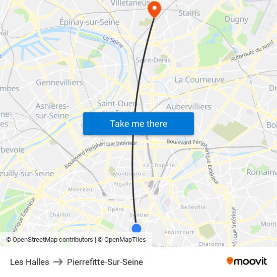 Les Halles to Pierrefitte-Sur-Seine map