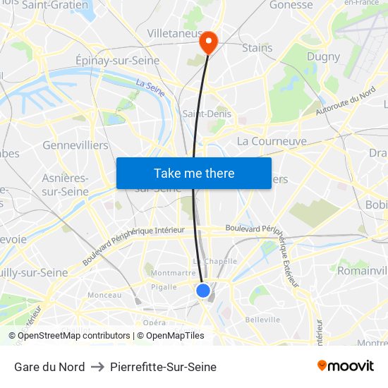 Gare du Nord to Pierrefitte-Sur-Seine map