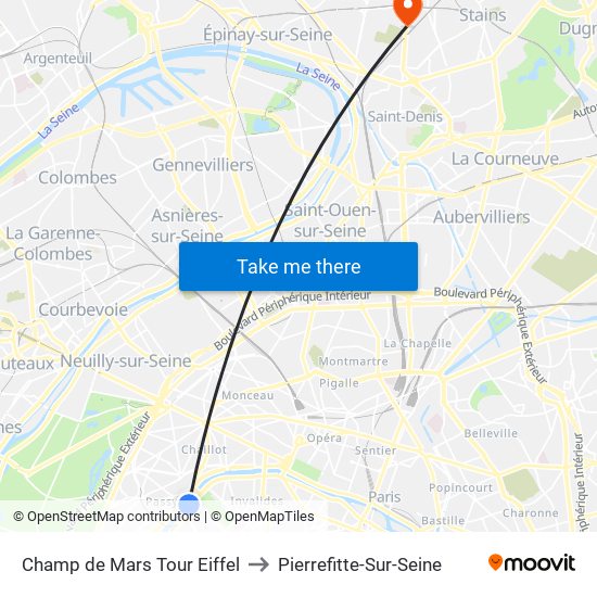Champ de Mars Tour Eiffel to Pierrefitte-Sur-Seine map