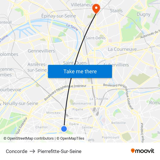 Concorde to Pierrefitte-Sur-Seine map