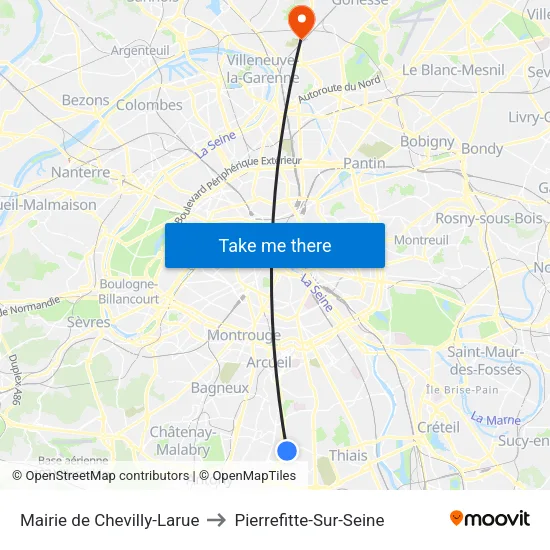 Mairie de Chevilly-Larue to Pierrefitte-Sur-Seine map