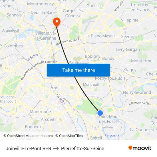 Joinville-Le-Pont RER to Pierrefitte-Sur-Seine map