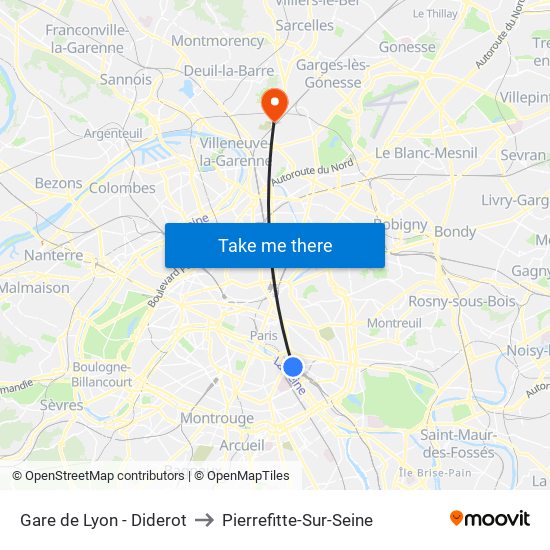 Gare de Lyon - Diderot to Pierrefitte-Sur-Seine map