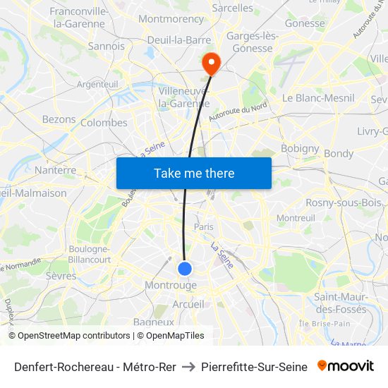 Denfert-Rochereau - Métro-Rer to Pierrefitte-Sur-Seine map