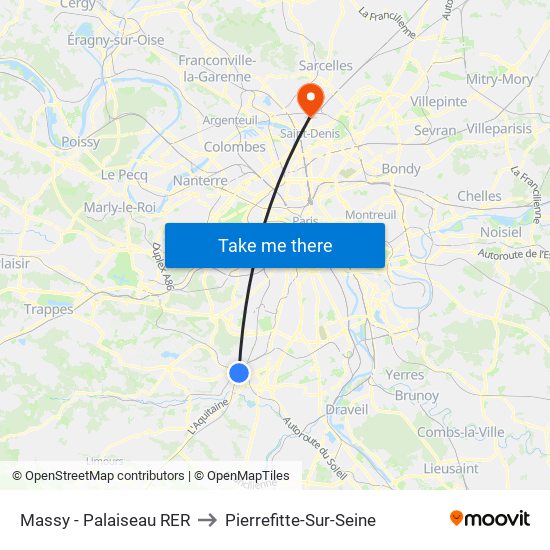 Massy - Palaiseau RER to Pierrefitte-Sur-Seine map